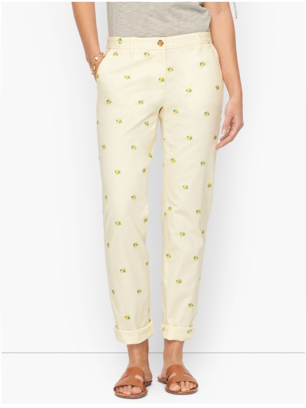 Talbots butter yellow Chino pants with embroidered lemons size 12
